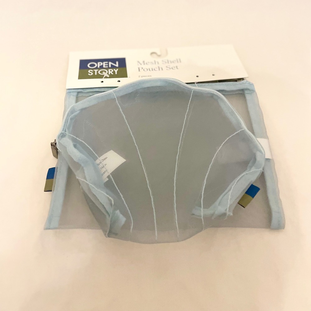 Open Story Light Blue Mesh Shell Pouch Set 2pc Travel Toiletry Makeup Bags NEW